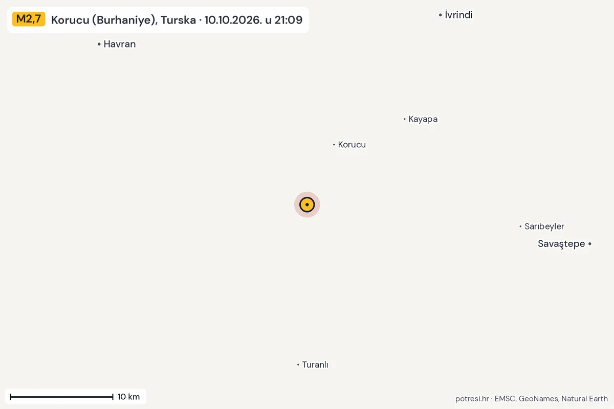 Karta: okolica epicentra, 60 km, potres M2,7, Korucu (Burhaniye), Turska, 10.10.2026.