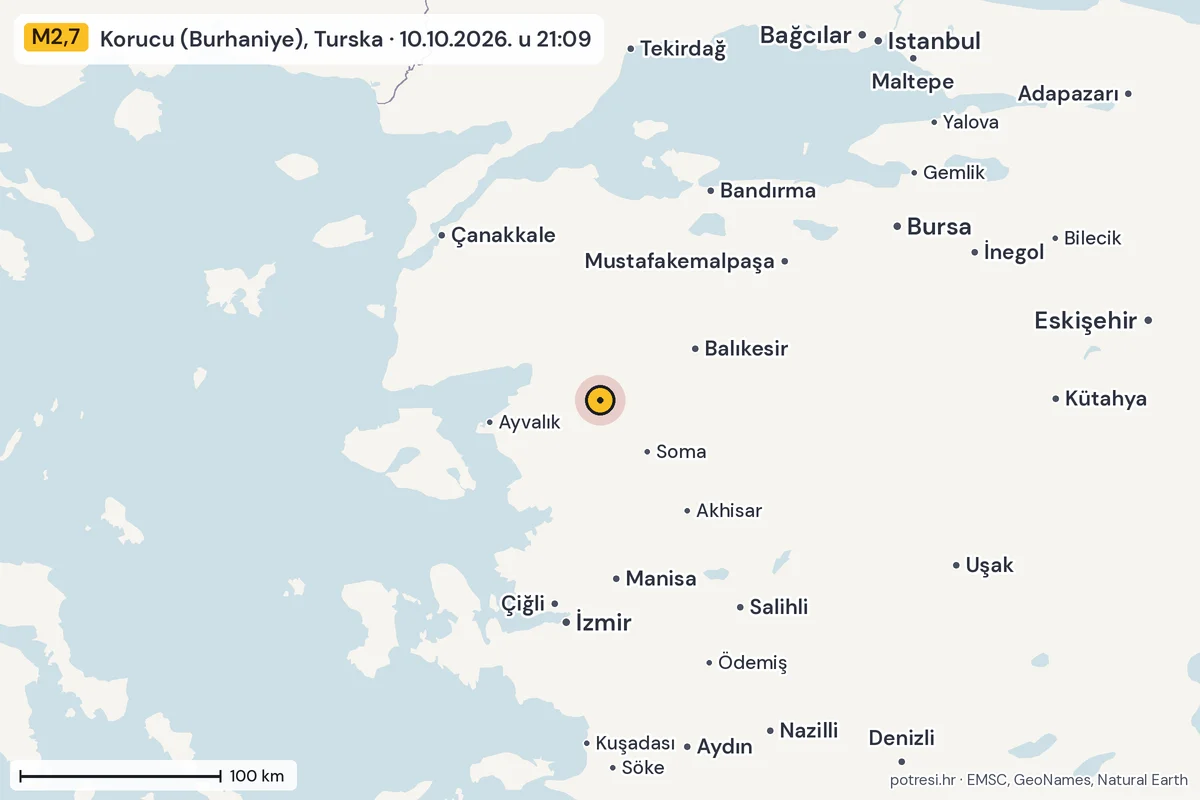 Karta: šire područje, 600 km, potres M2,7, Korucu (Burhaniye), Turska, 10.10.2026.