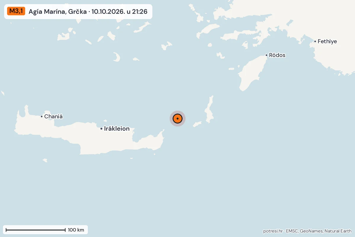 Karta: šire područje, 600 km, potres M3,1, Agía Marína, Grčka, 10.10.2026.