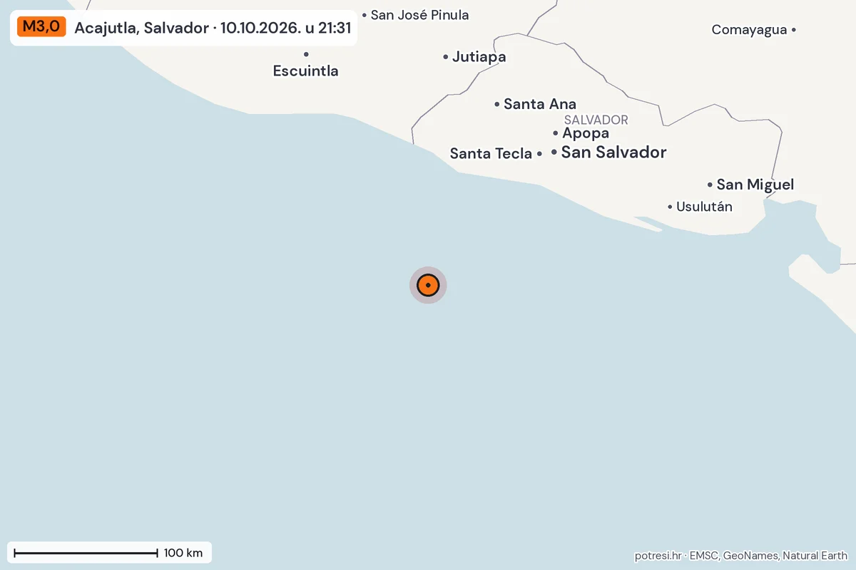 Karta: šire područje, 600 km, potres M3,0, Acajutla, Salvador, 10.10.2026.