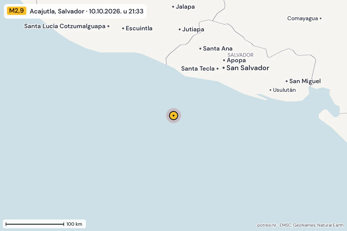 Karta: šire područje, 600 km, potres M2,9, Acajutla, Salvador, 10.10.2026.
