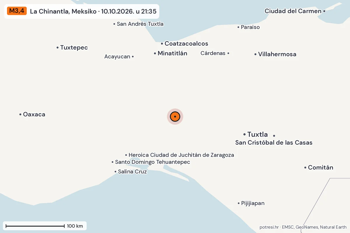 Karta: šire područje, 600 km, potres M3,4, La Chinantla, Meksiko, 10.10.2026.