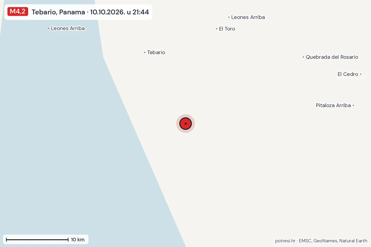 Karta: okolica epicentra, 60 km, potres M4,2, Tebario, Panama, 10.10.2026.