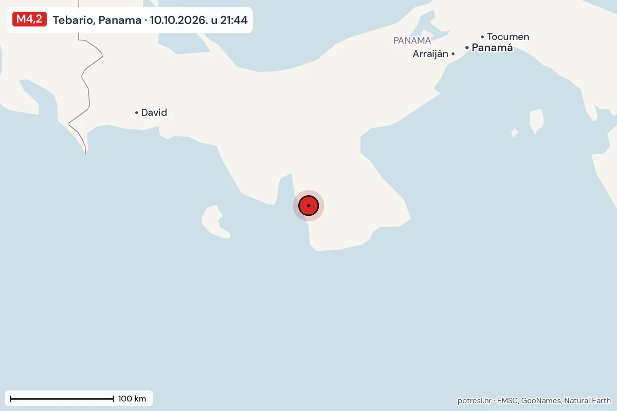 Karta: šire područje, 600 km, potres M4,2, Tebario, Panama, 10.10.2026.