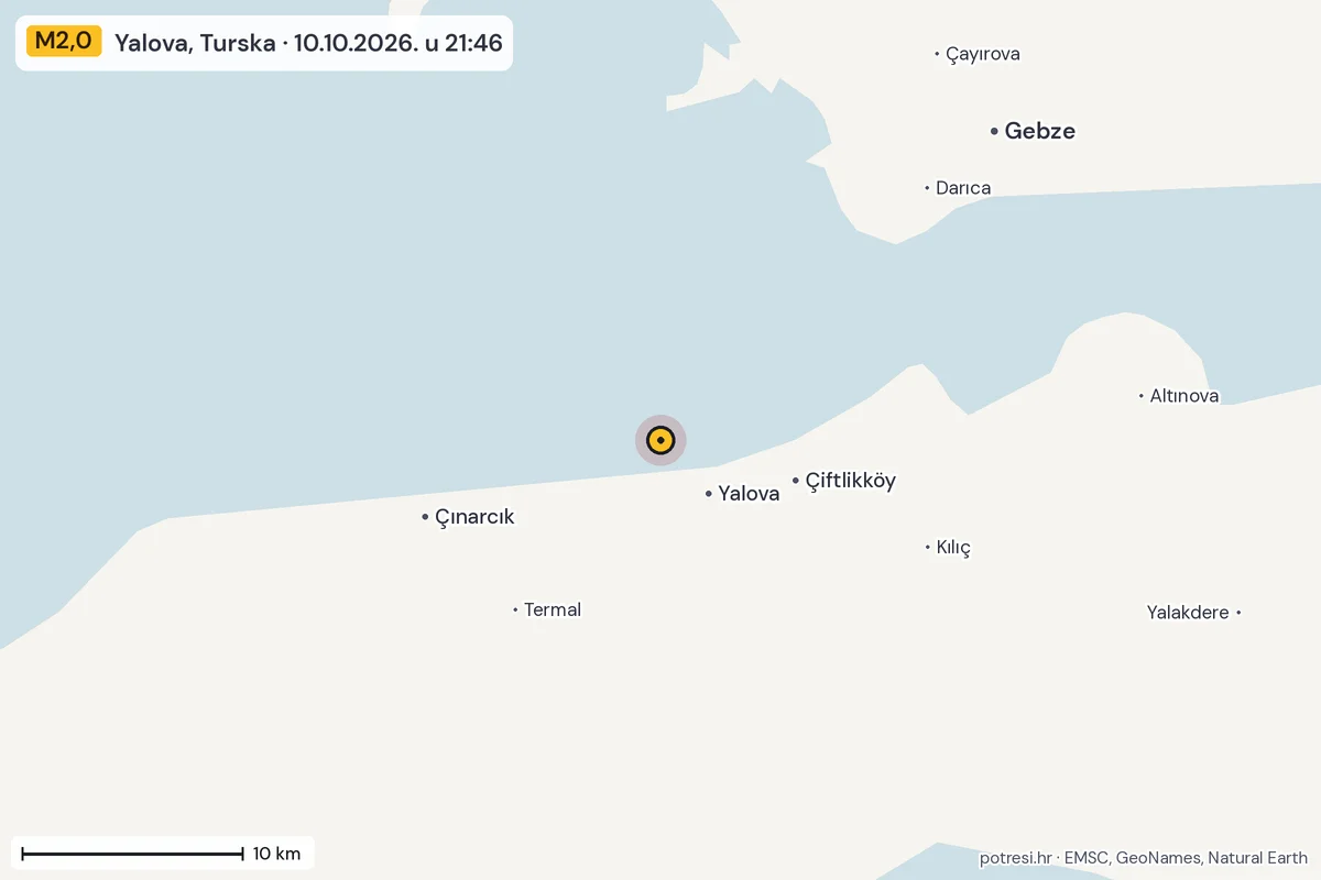Karta: okolica epicentra, 60 km, potres M2,0, Yalova, Turska, 10.10.2026.