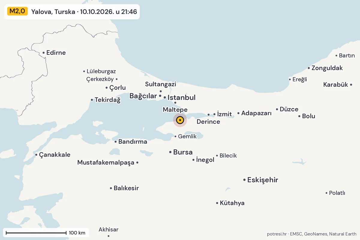 Karta: šire područje, 600 km, potres M2,0, Yalova, Turska, 10.10.2026.