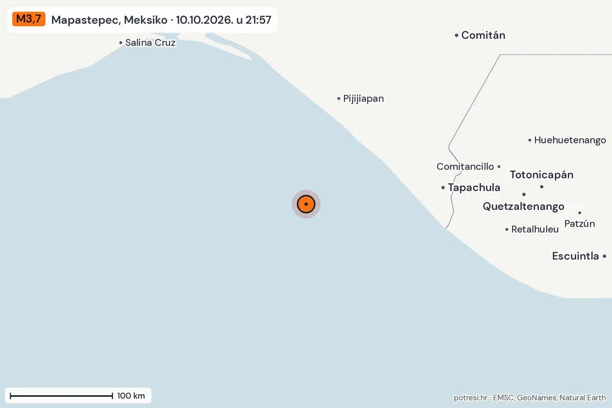 Karta: šire područje, 600 km, potres M3,7, Mapastepec, Meksiko, 10.10.2026.
