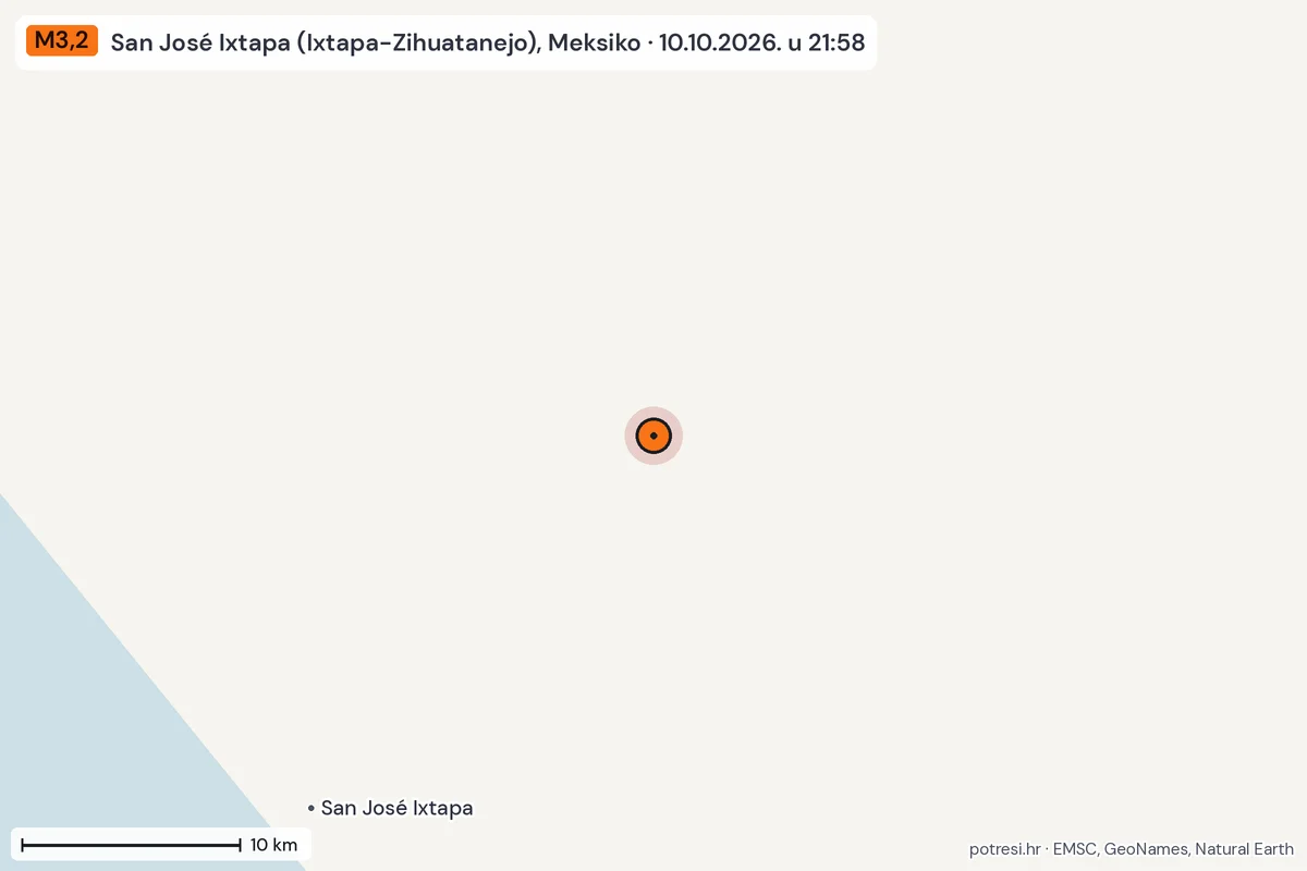 Karta: okolica epicentra, 60 km, potres M3,2, San José Ixtapa (Ixtapa-Zihuatanejo), Meksiko, 10.10.2026.