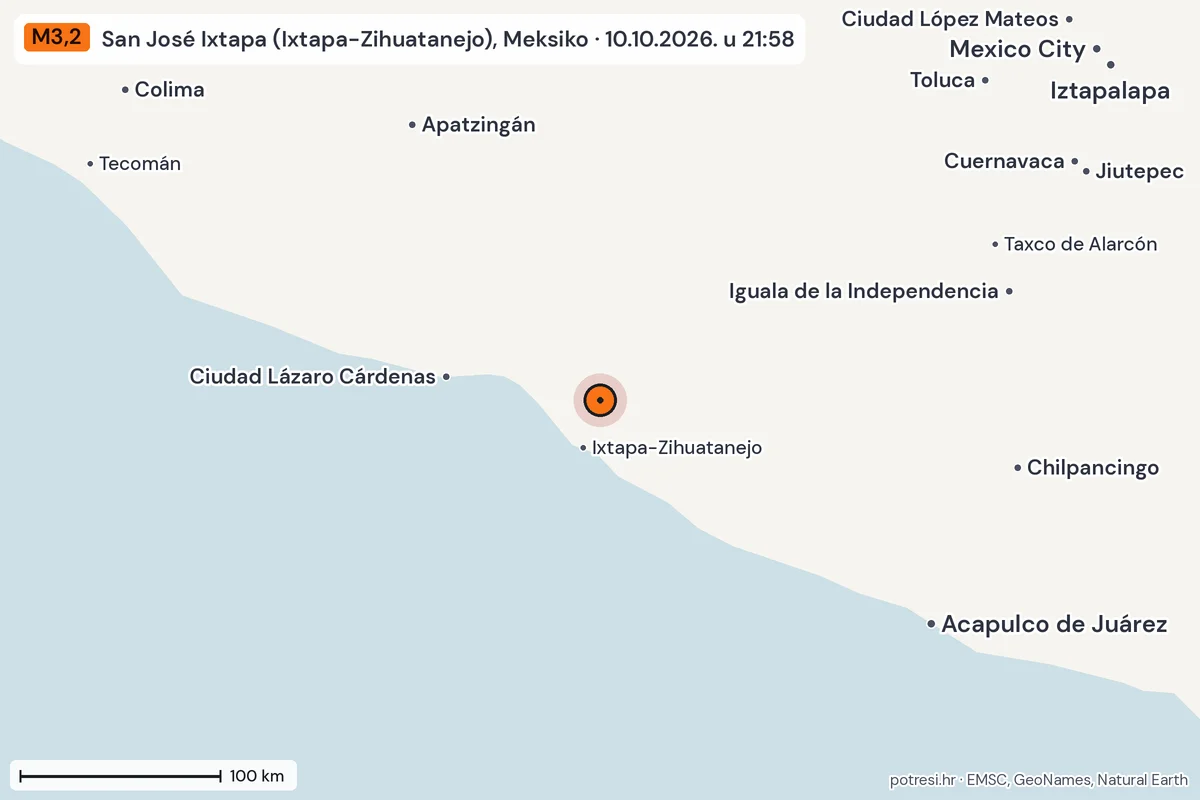 Karta: šire područje, 600 km, potres M3,2, San José Ixtapa (Ixtapa-Zihuatanejo), Meksiko, 10.10.2026.