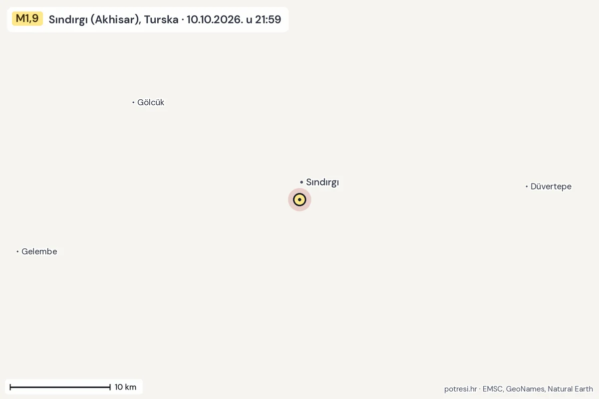 Karta: okolica epicentra, 60 km, potres M1,9, Sındırgı (Akhisar), Turska, 10.10.2026.
