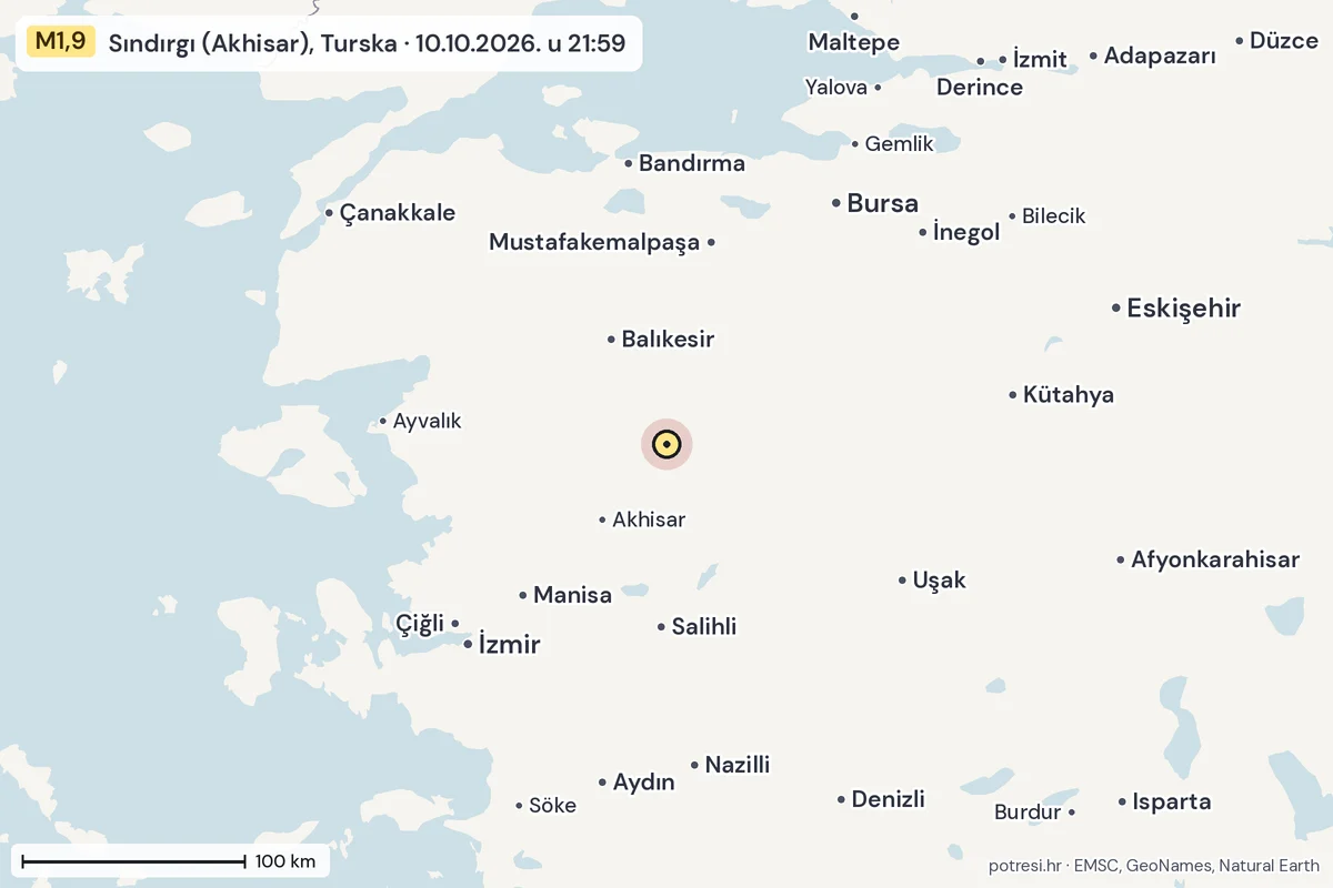 Karta: šire područje, 600 km, potres M1,9, Sındırgı (Akhisar), Turska, 10.10.2026.