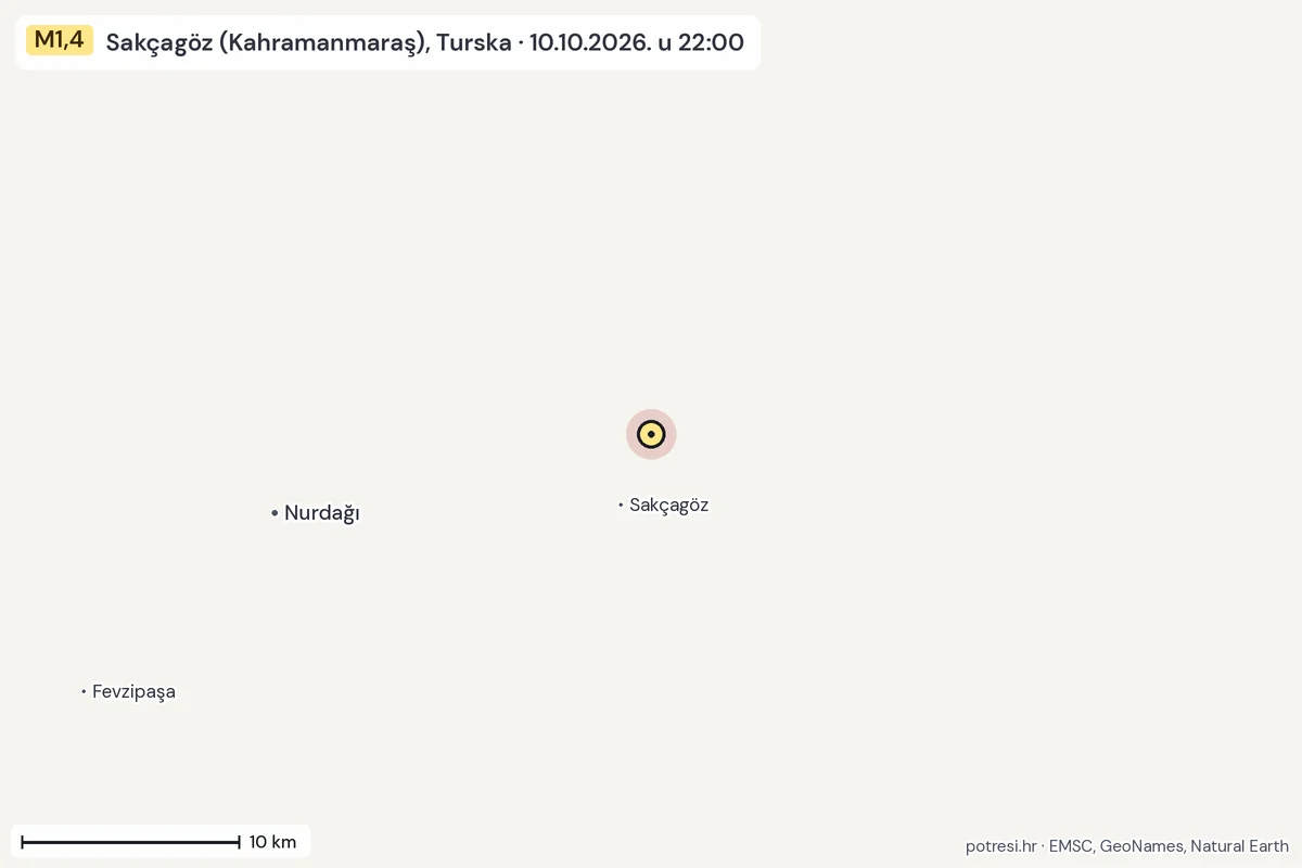 Karta: okolica epicentra, 60 km, potres M1,4, Sakçagöz (Kahramanmaraş), Turska, 10.10.2026.
