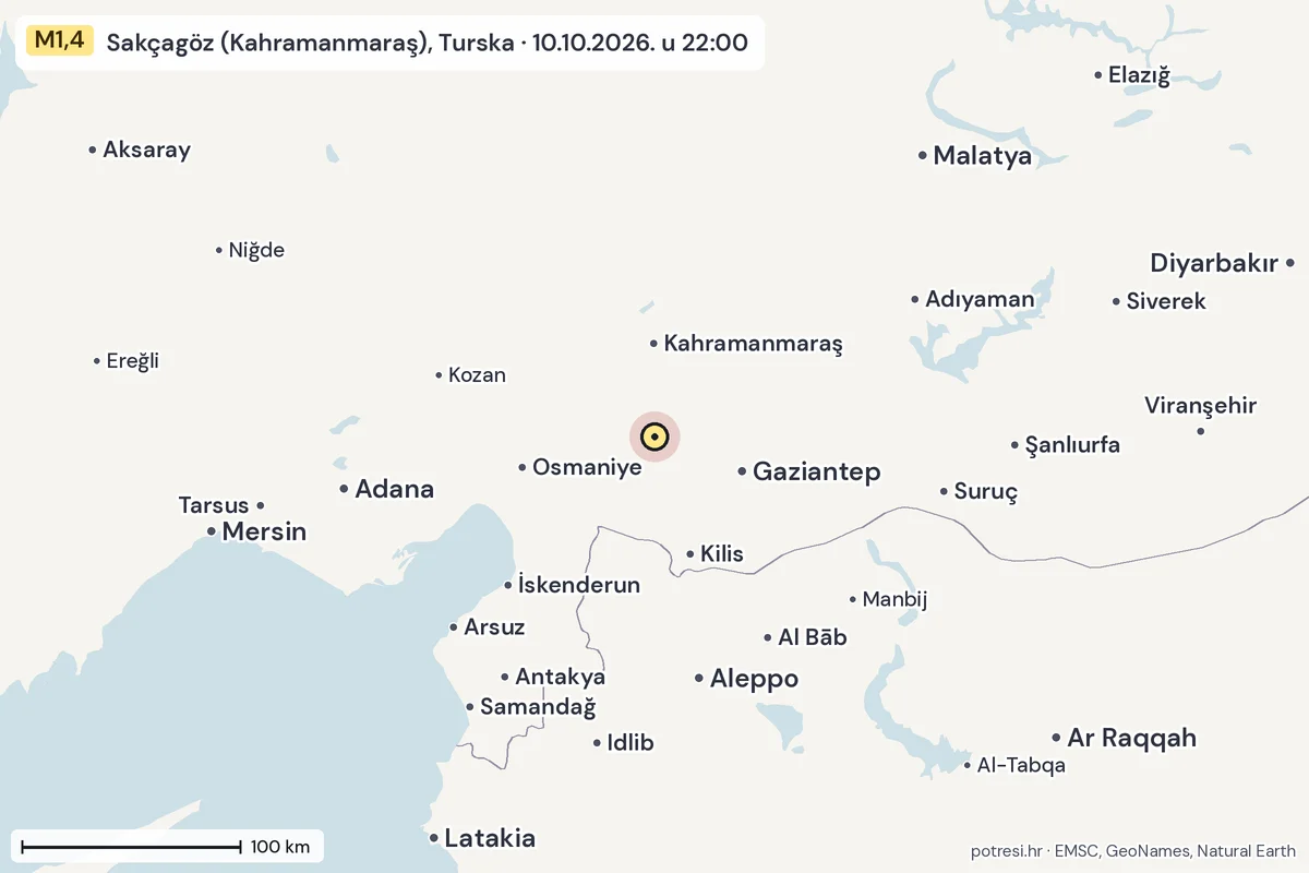 Karta: šire područje, 600 km, potres M1,4, Sakçagöz (Kahramanmaraş), Turska, 10.10.2026.