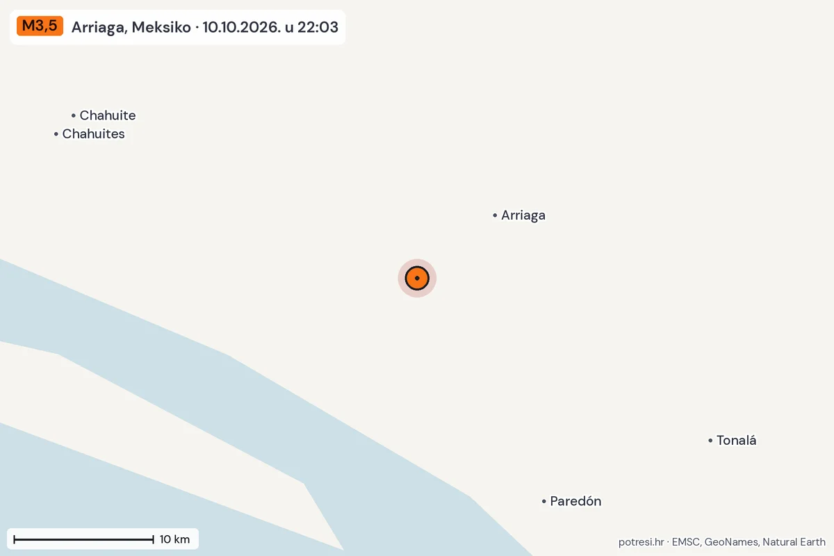 Karta: okolica epicentra, 60 km, potres M3,5, Arriaga, Meksiko, 10.10.2026.