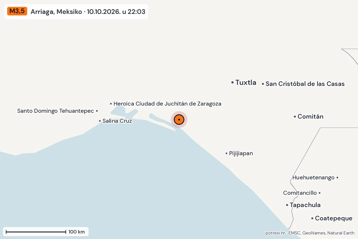 Karta: šire područje, 600 km, potres M3,5, Arriaga, Meksiko, 10.10.2026.