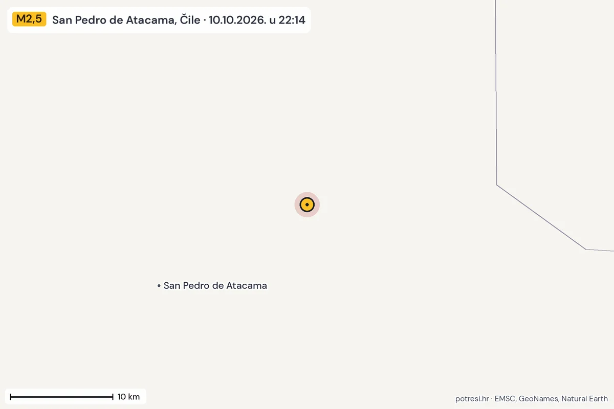 Karta: okolica epicentra, 60 km, potres M2,5, San Pedro de Atacama, Čile, 10.10.2026.
