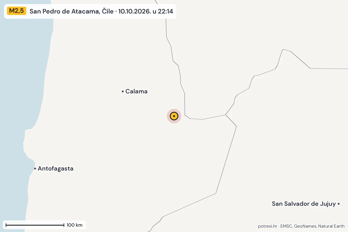 Karta: šire područje, 600 km, potres M2,5, San Pedro de Atacama, Čile, 10.10.2026.