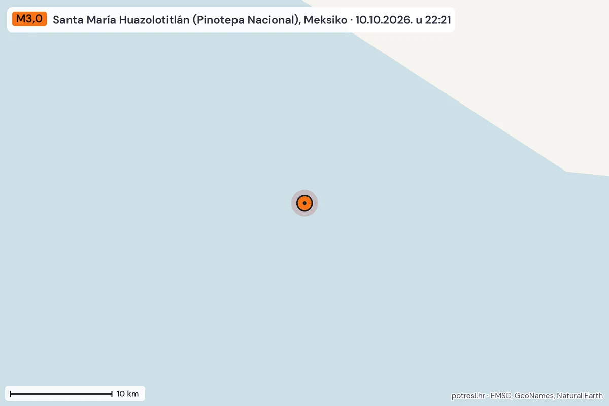 Karta: okolica epicentra, 60 km, potres M3,0, Santa María Huazolotitlán (Pinotepa Nacional), Meksiko, 10.10.2026.