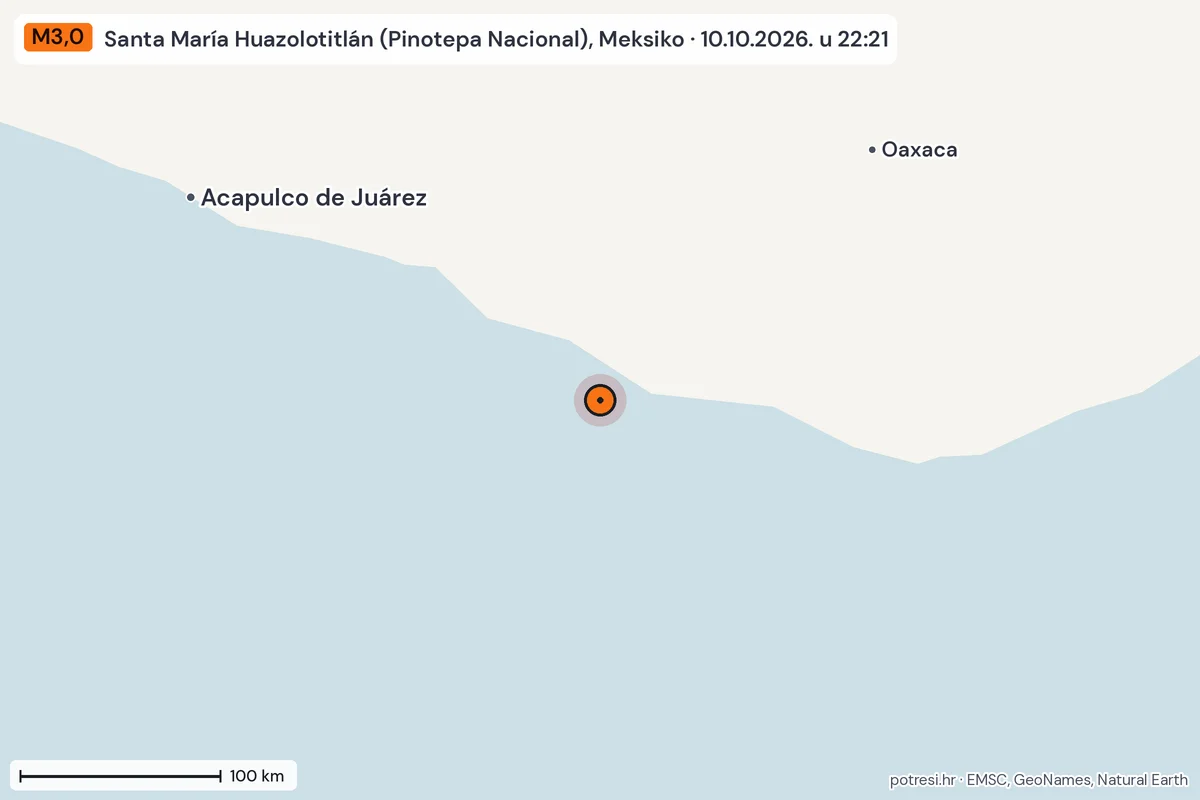 Karta: šire područje, 600 km, potres M3,0, Santa María Huazolotitlán (Pinotepa Nacional), Meksiko, 10.10.2026.