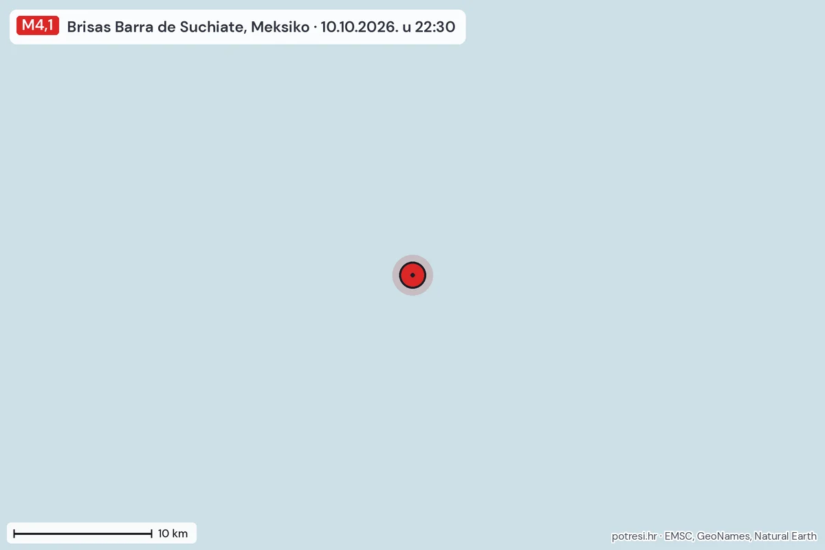 Karta: okolica epicentra, 60 km, potres M4,1, Brisas Barra de Suchiate, Meksiko, 10.10.2026.