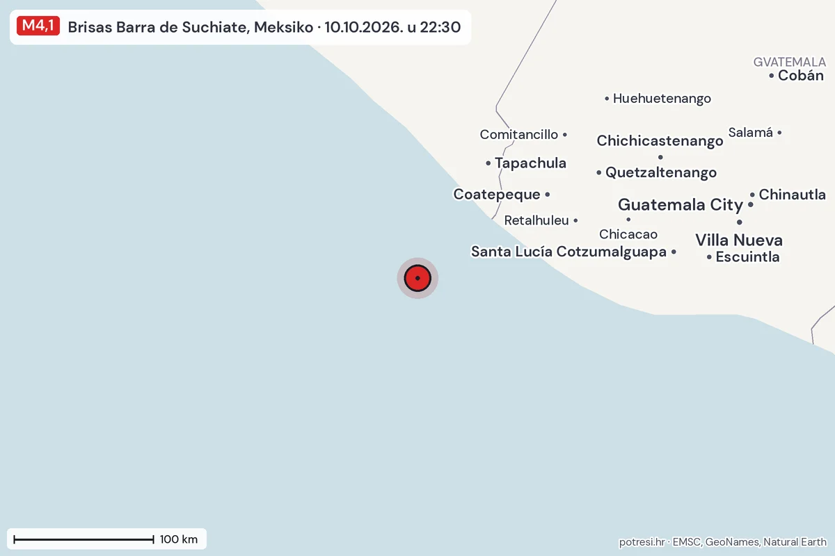 Karta: šire područje, 600 km, potres M4,1, Brisas Barra de Suchiate, Meksiko, 10.10.2026.
