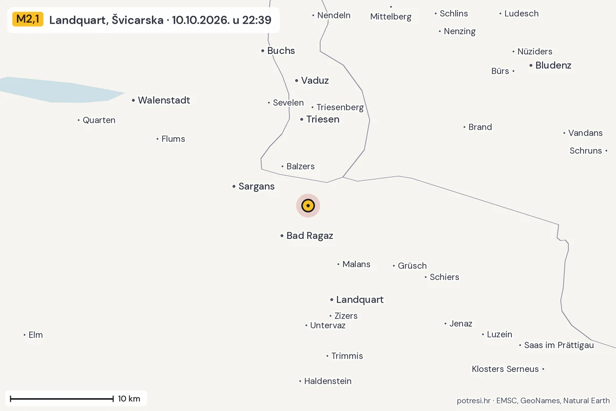 Karta: okolica epicentra, 60 km, potres M2,1, Landquart, Švicarska, 10.10.2026.