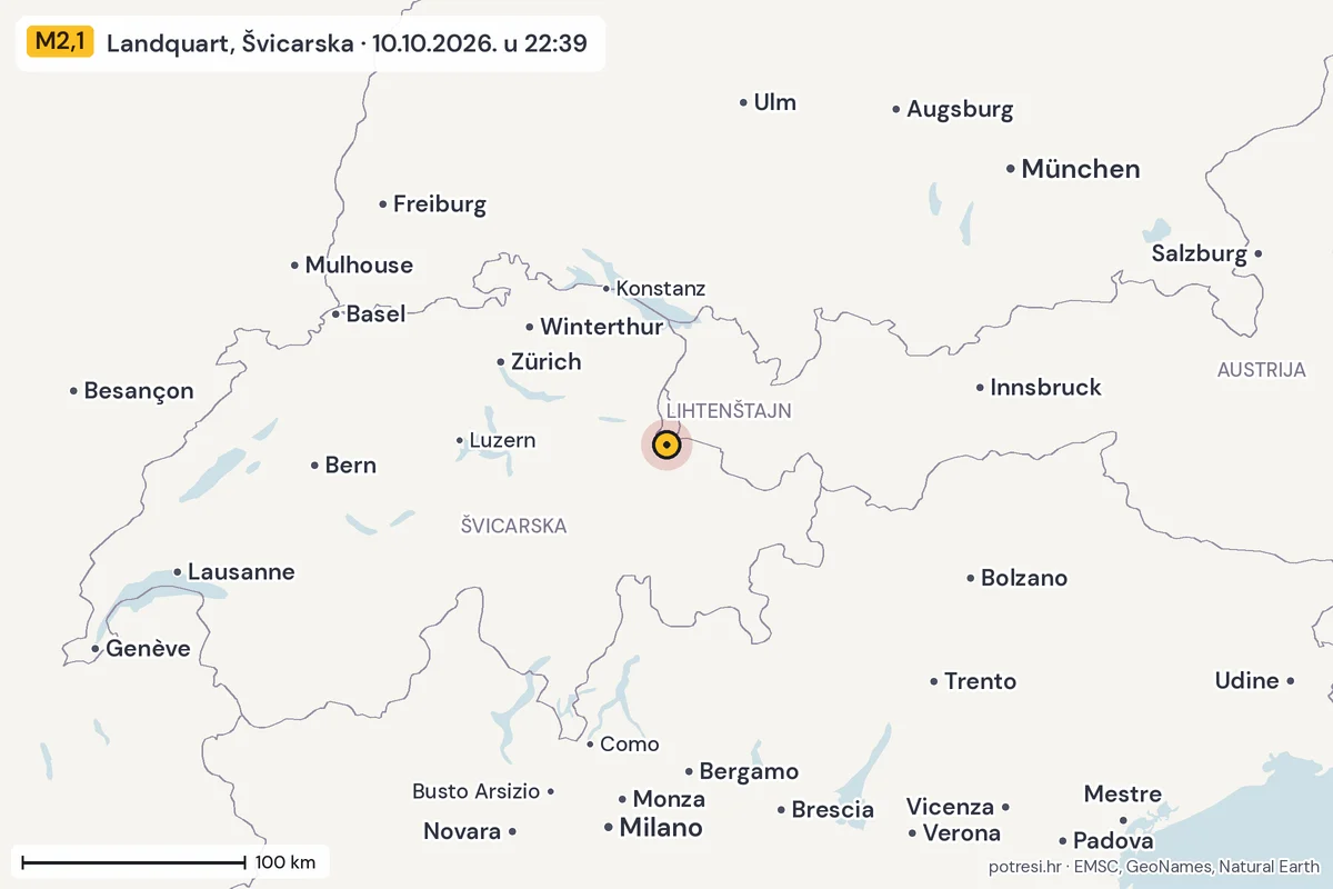 Karta: šire područje, 600 km, potres M2,1, Landquart, Švicarska, 10.10.2026.