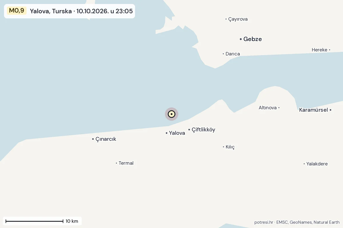 Karta: okolica epicentra, 60 km, potres M0,9, Yalova, Turska, 10.10.2026.