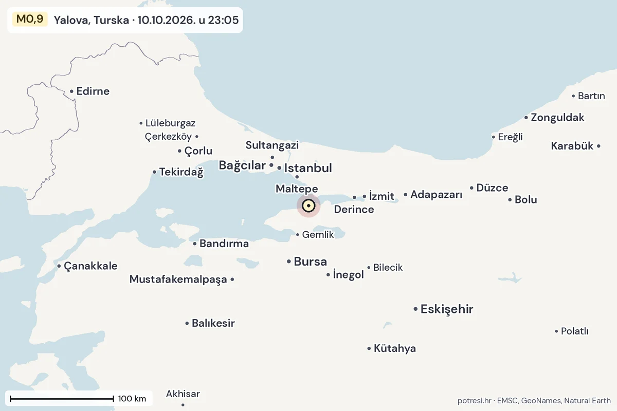 Karta: šire područje, 600 km, potres M0,9, Yalova, Turska, 10.10.2026.