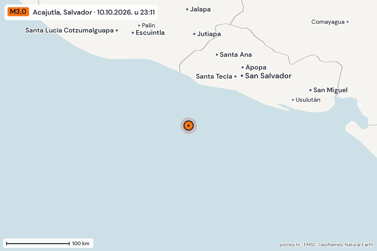 Karta: šire područje, 600 km, potres M3,0, Acajutla, Salvador, 10.10.2026.