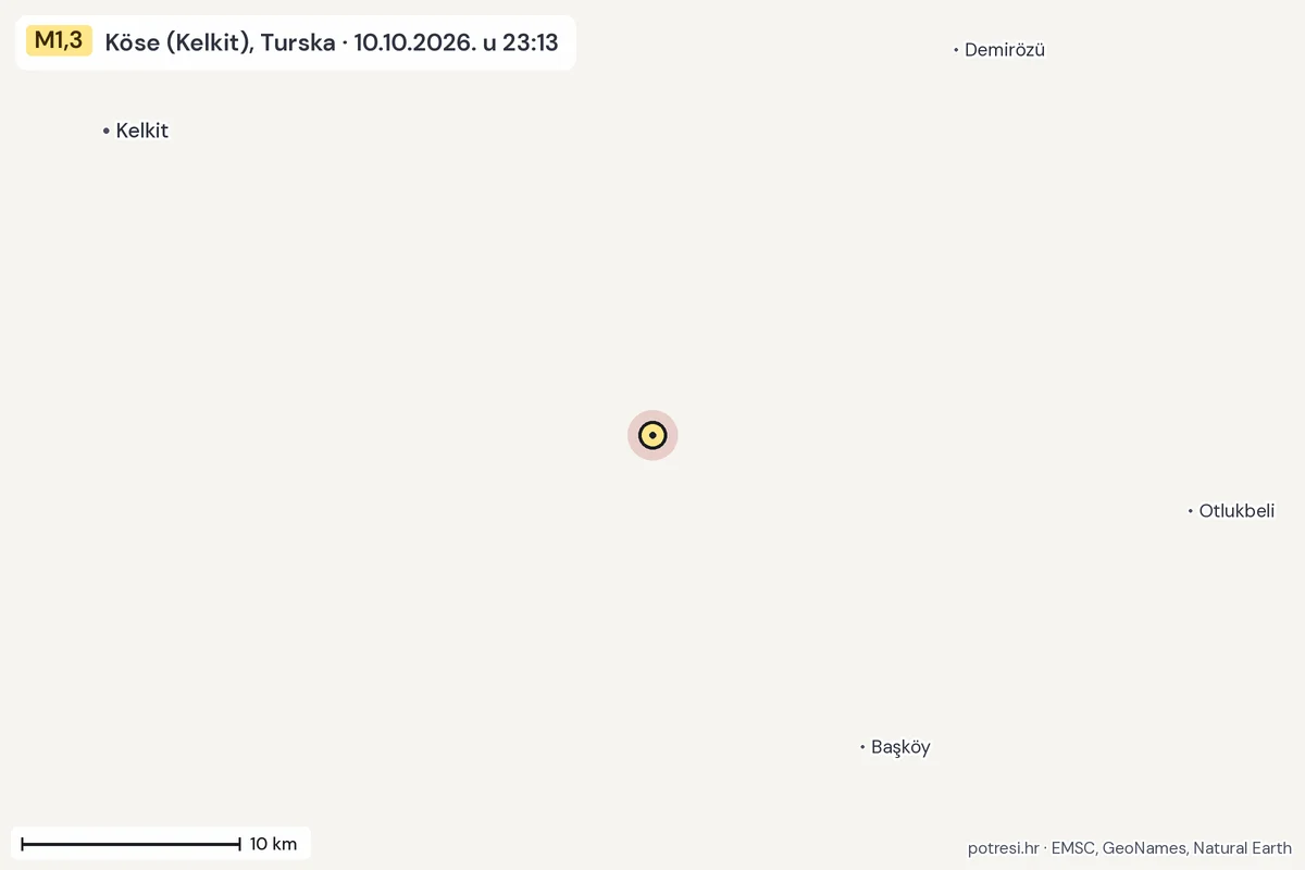 Karta: okolica epicentra, 60 km, potres M1,3, Köse (Kelkit), Turska, 10.10.2026.