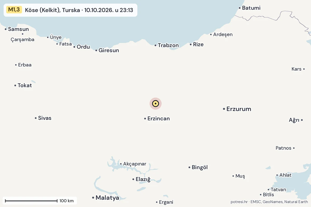 Karta: šire područje, 600 km, potres M1,3, Köse (Kelkit), Turska, 10.10.2026.