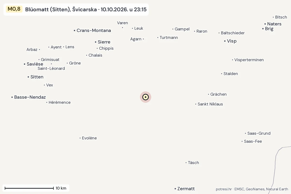 Karta: okolica epicentra, 60 km, potres M0,8, Blüomatt (Sitten), Švicarska, 10.10.2026.