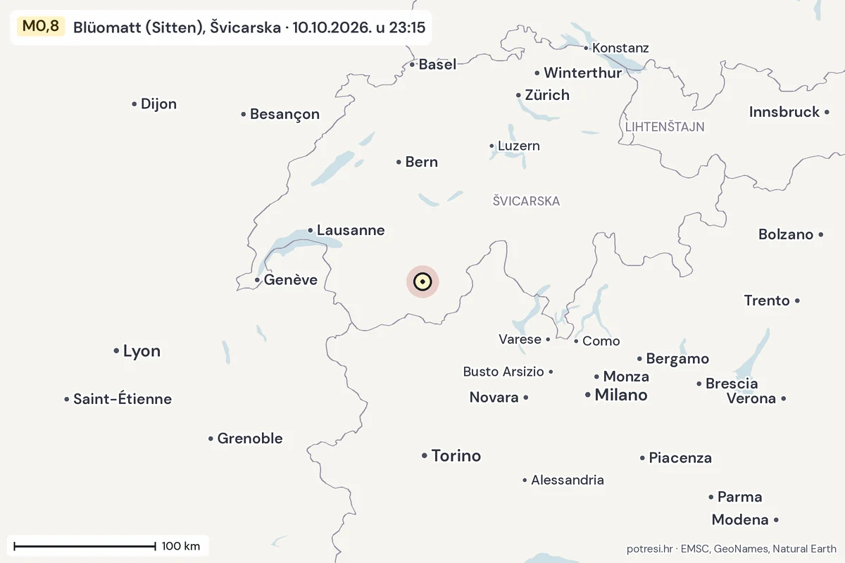 Karta: šire područje, 600 km, potres M0,8, Blüomatt (Sitten), Švicarska, 10.10.2026.