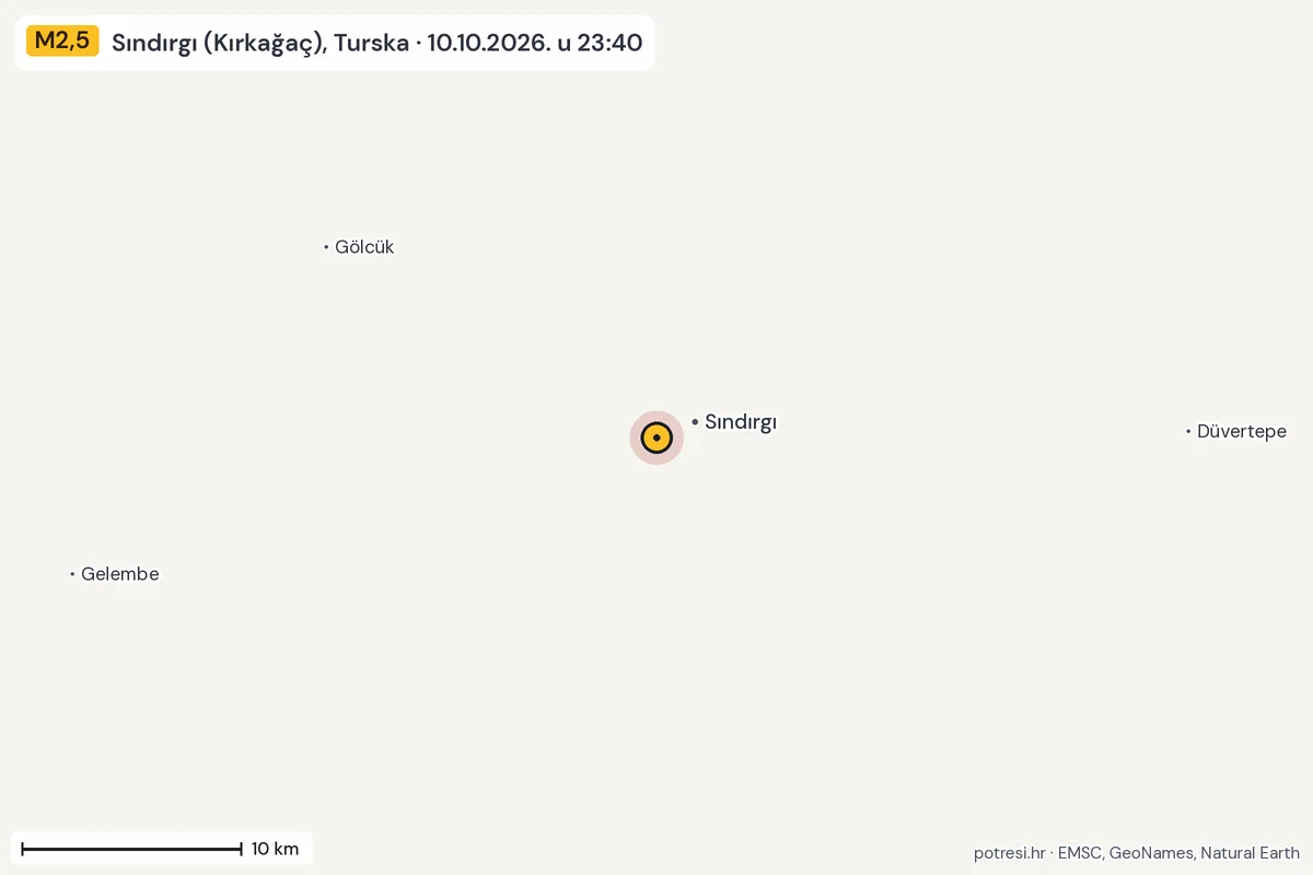 Karta: okolica epicentra, 60 km, potres M2,5, Sındırgı (Kırkağaç), Turska, 10.10.2026.