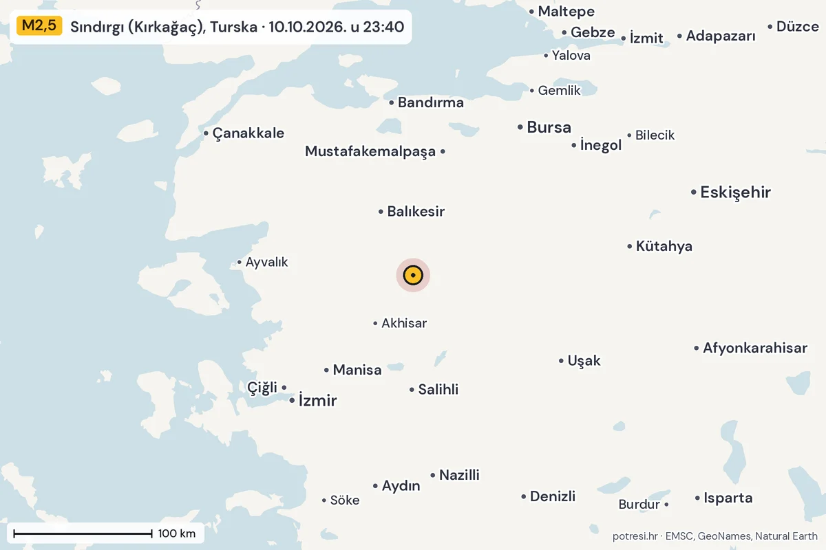 Karta: šire područje, 600 km, potres M2,5, Sındırgı (Kırkağaç), Turska, 10.10.2026.