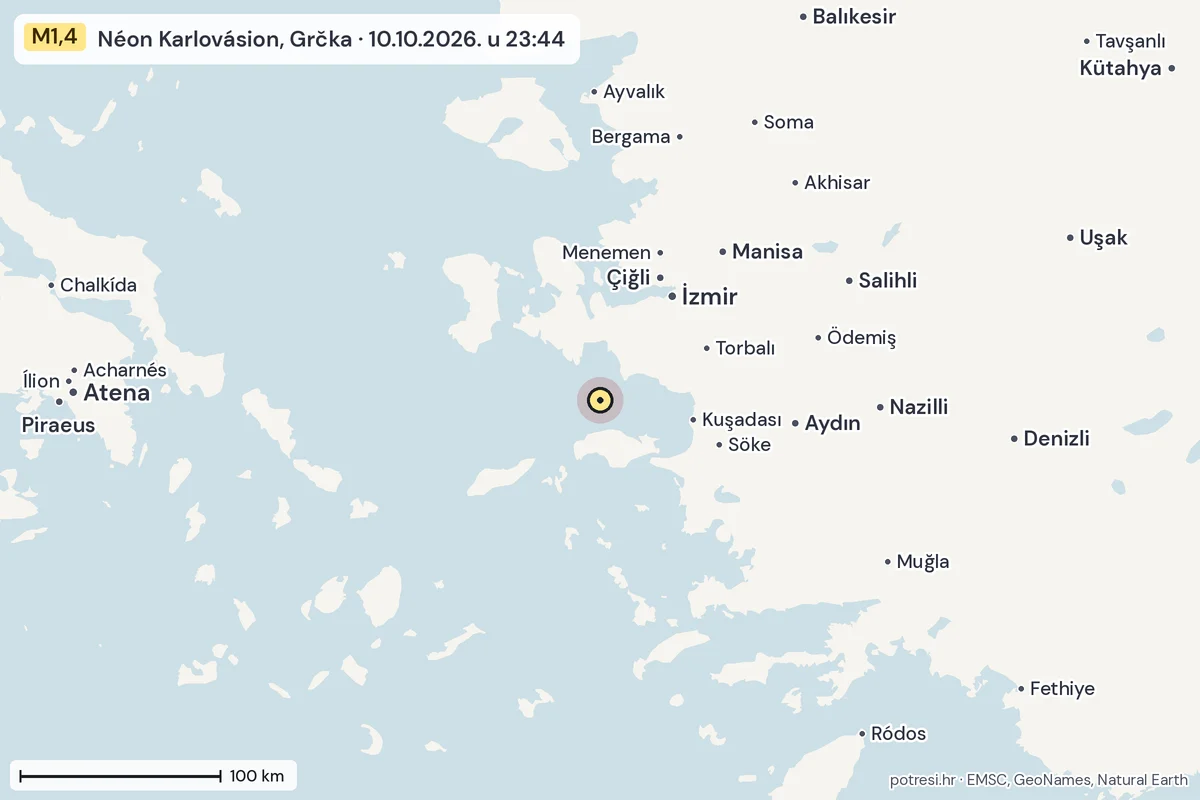 Karta: šire područje, 600 km, potres M1,4, Néon Karlovásion, Grčka, 10.10.2026.