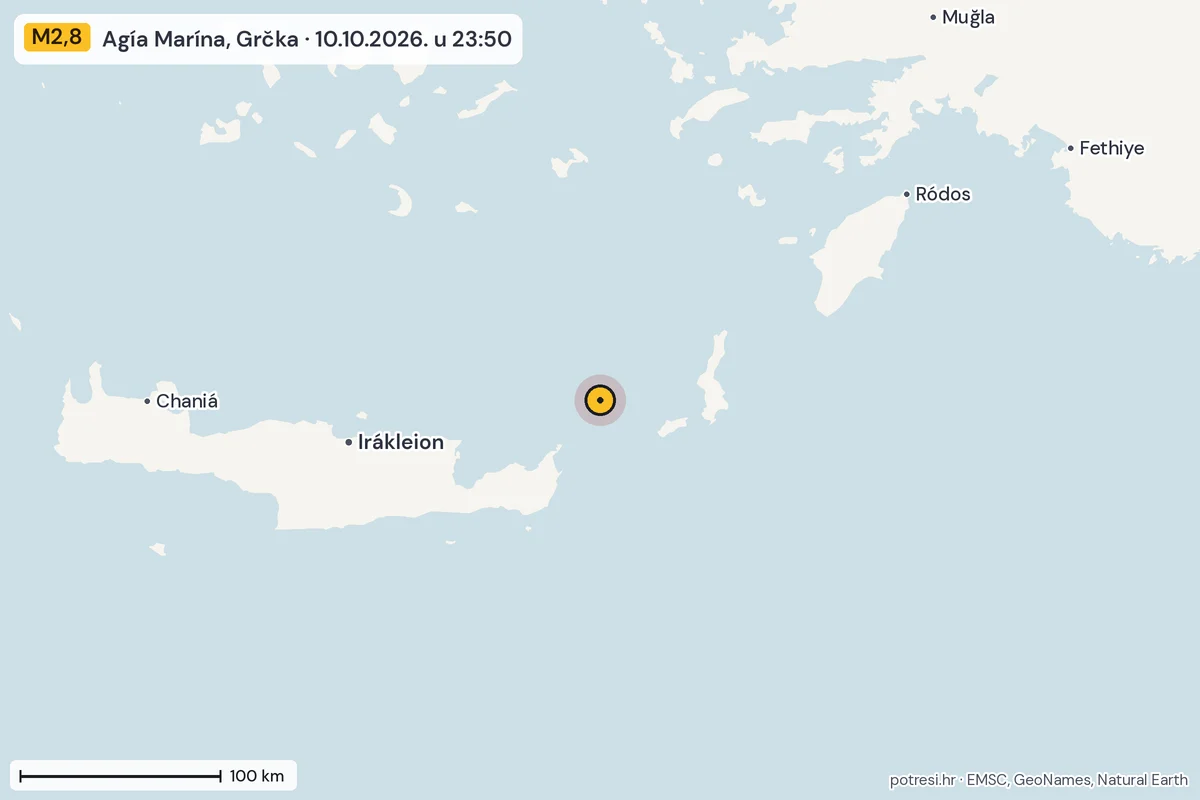 Karta: šire područje, 600 km, potres M2,8, Agía Marína, Grčka, 10.10.2026.