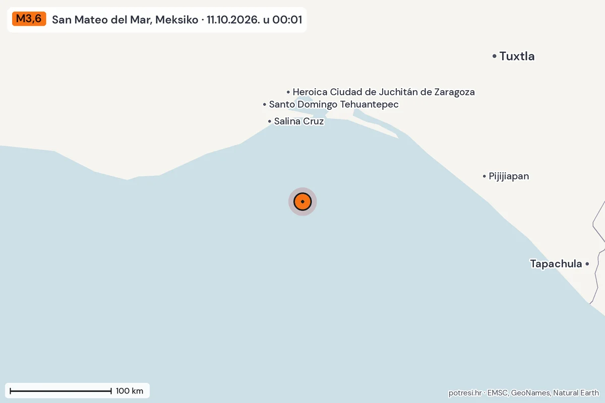 Karta: šire područje, 600 km, potres M3,6, San Mateo del Mar, Meksiko, 11.10.2026.