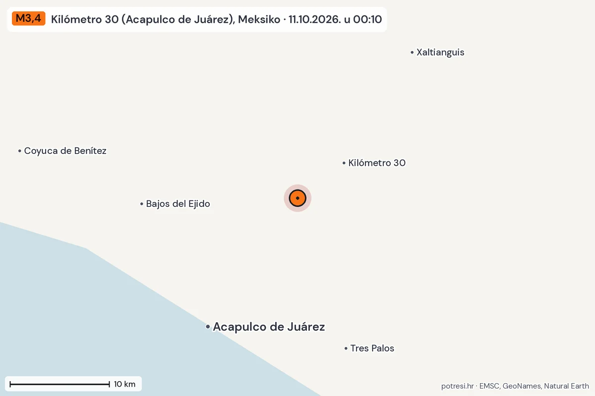 Karta: okolica epicentra, 60 km, potres M3,4, Kilómetro 30 (Acapulco de Juárez), Meksiko, 11.10.2026.