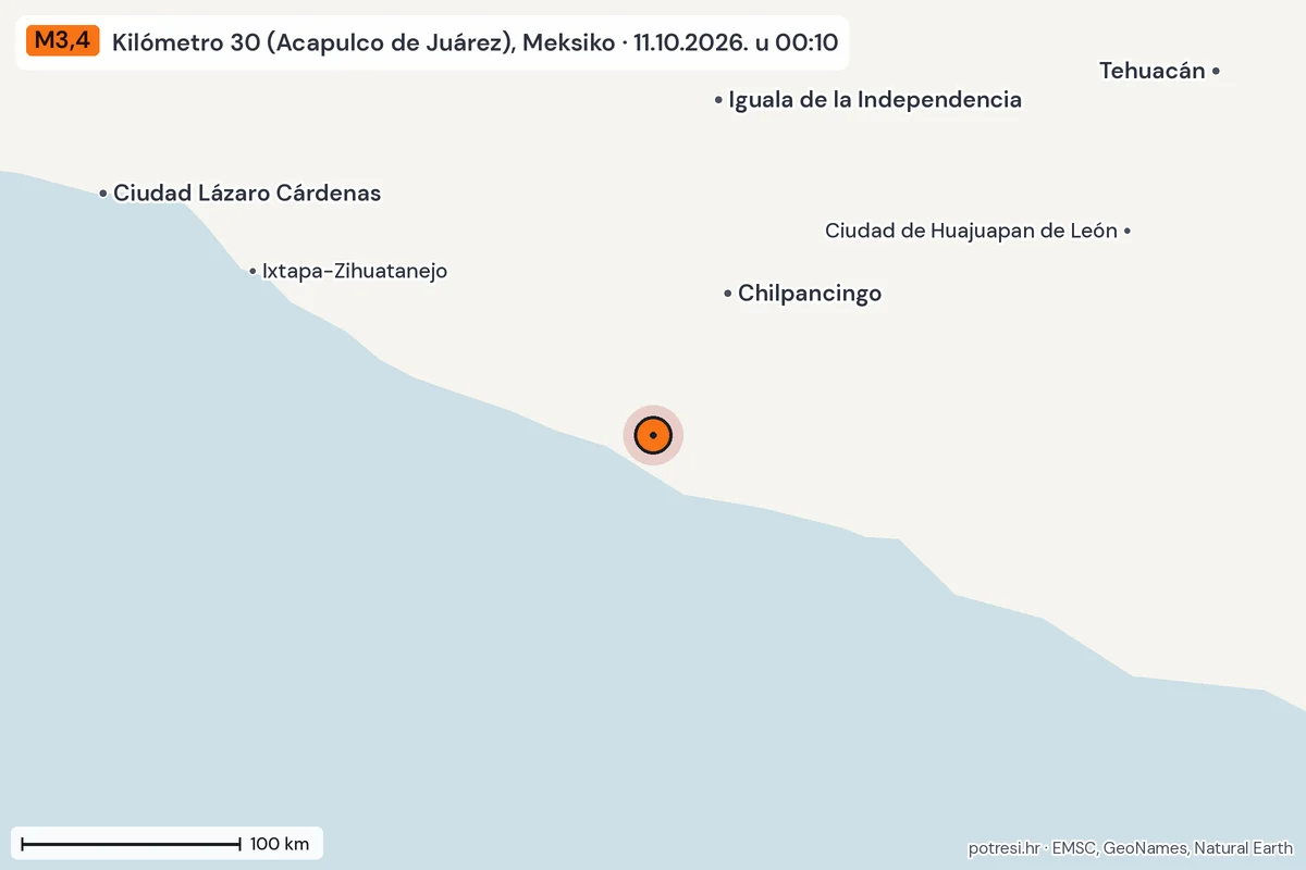 Karta: šire područje, 600 km, potres M3,4, Kilómetro 30 (Acapulco de Juárez), Meksiko, 11.10.2026.