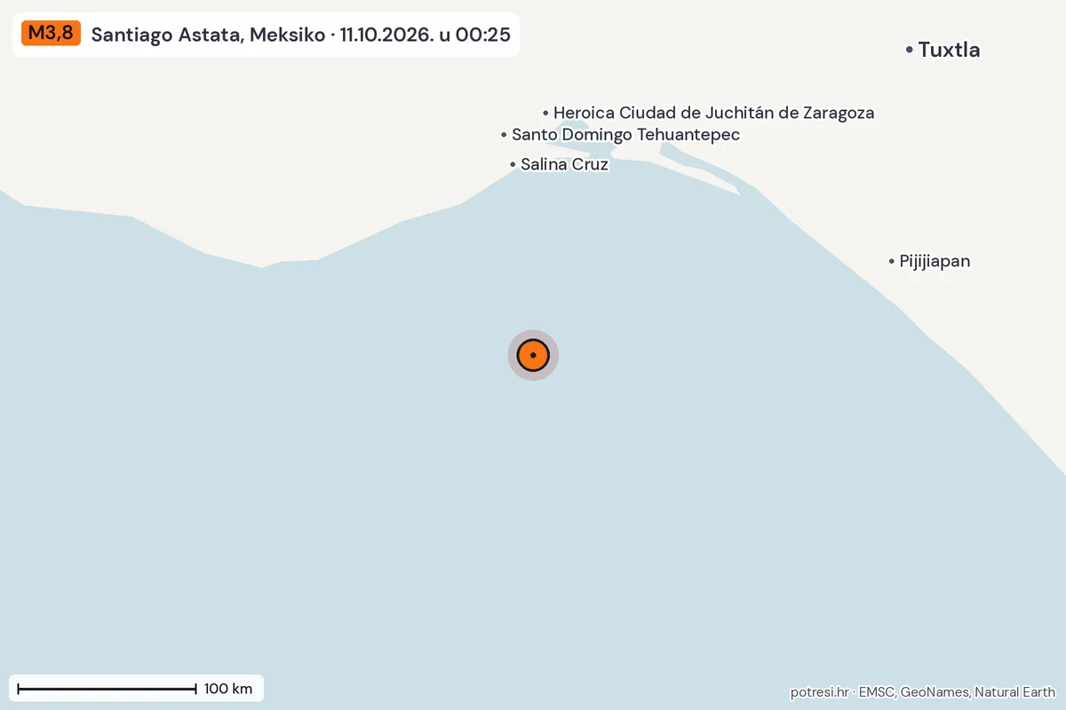 Karta: šire područje, 600 km, potres M3,8, Santiago Astata, Meksiko, 11.10.2026.