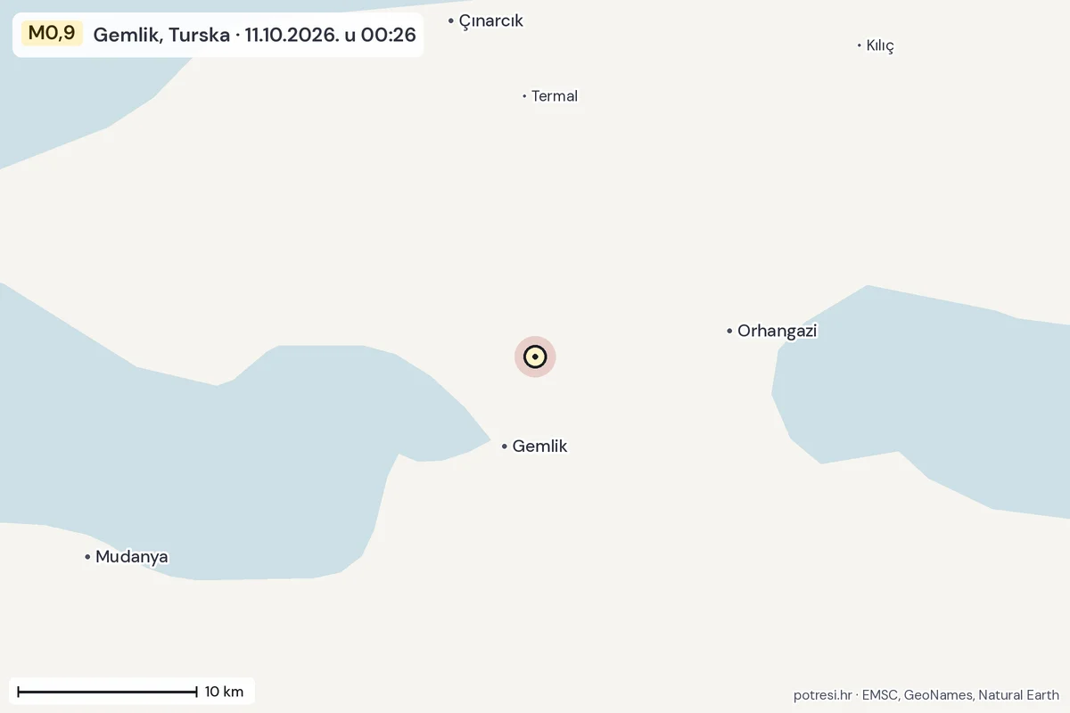 Karta: okolica epicentra, 60 km, potres M0,9, Gemlik, Turska, 11.10.2026.