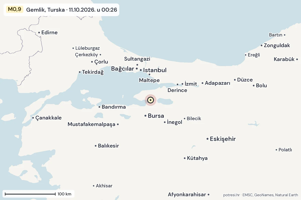 Karta: šire područje, 600 km, potres M0,9, Gemlik, Turska, 11.10.2026.