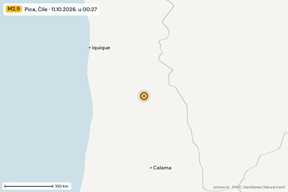Karta: šire područje, 600 km, potres M2,9, Pica, Čile, 11.10.2026.