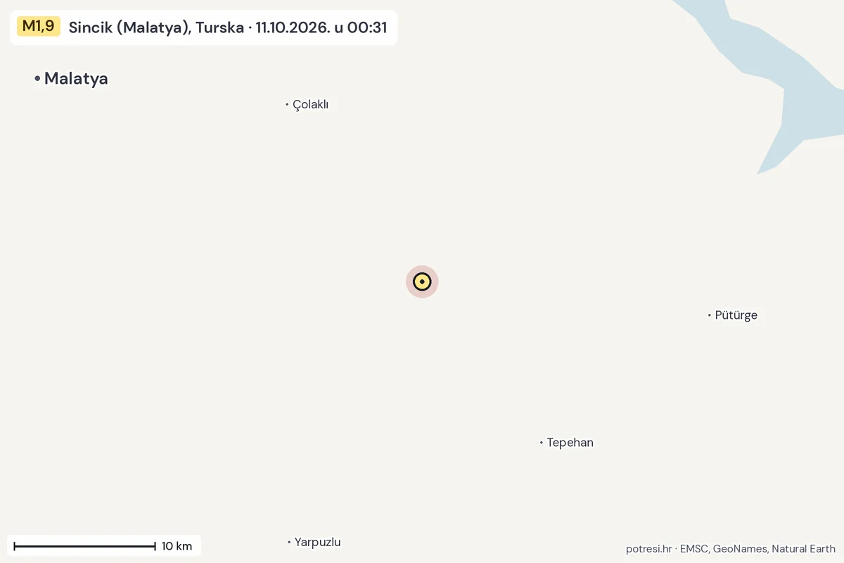 Karta: okolica epicentra, 60 km, potres M1,9, Sincik (Malatya), Turska, 11.10.2026.