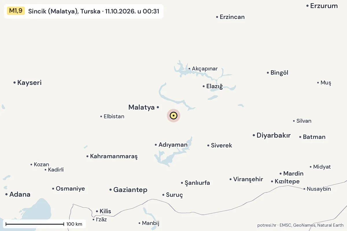 Karta: šire područje, 600 km, potres M1,9, Sincik (Malatya), Turska, 11.10.2026.