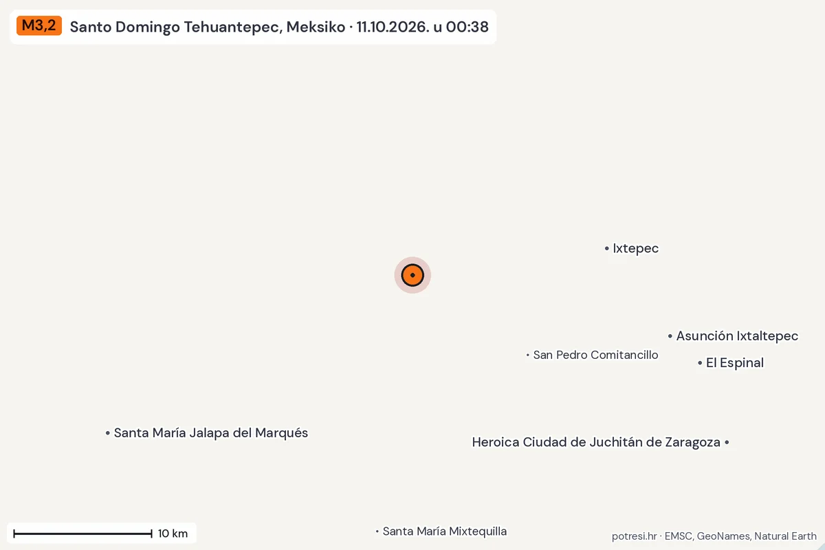 Karta: okolica epicentra, 60 km, potres M3,2, Santo Domingo Tehuantepec, Meksiko, 11.10.2026.