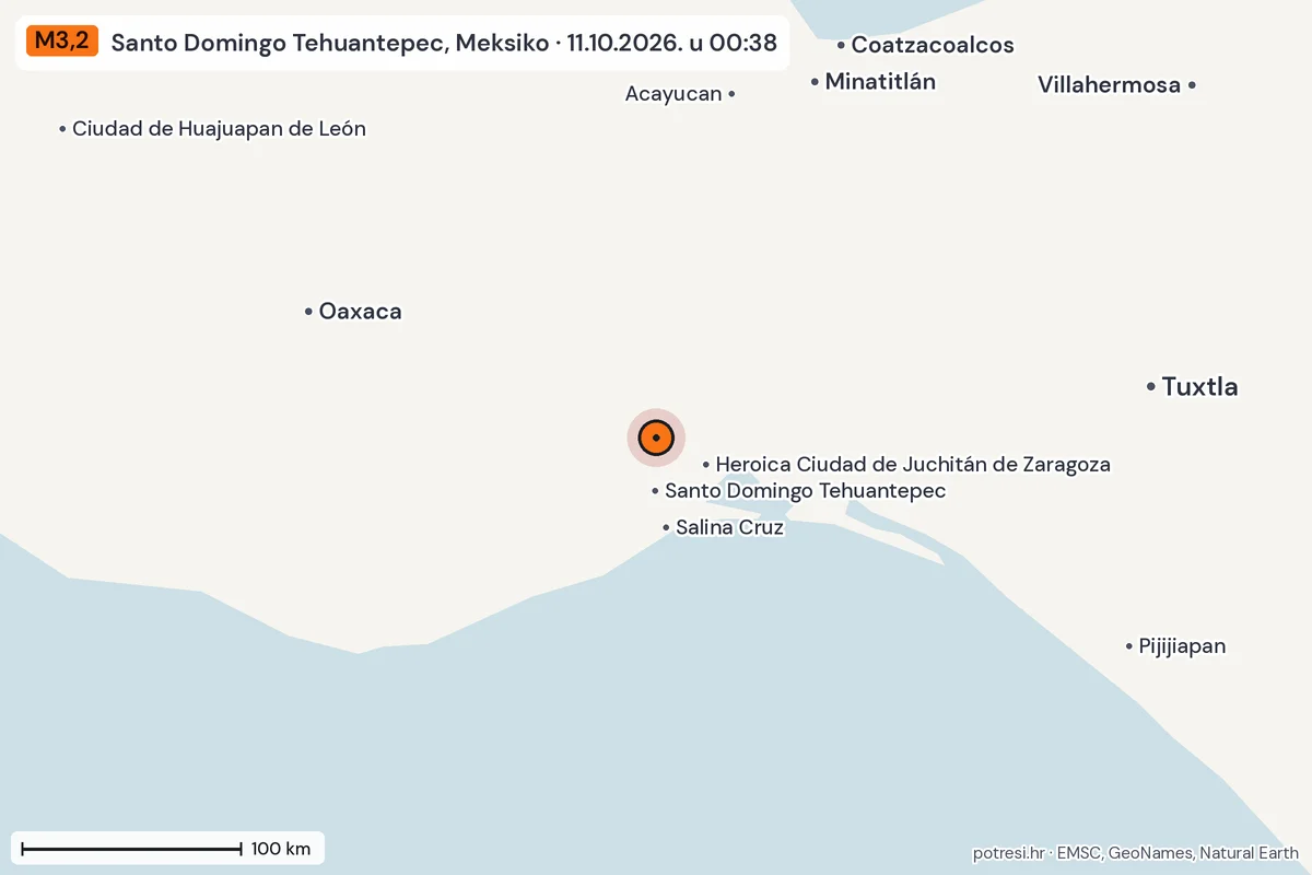 Karta: šire područje, 600 km, potres M3,2, Santo Domingo Tehuantepec, Meksiko, 11.10.2026.