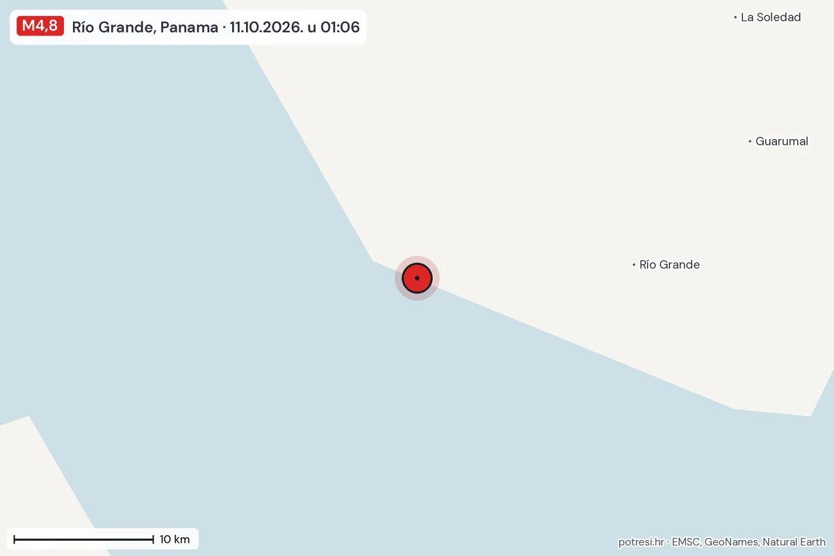 Karta: okolica epicentra, 60 km, potres M4,8, Río Grande, Panama, 11.10.2026.